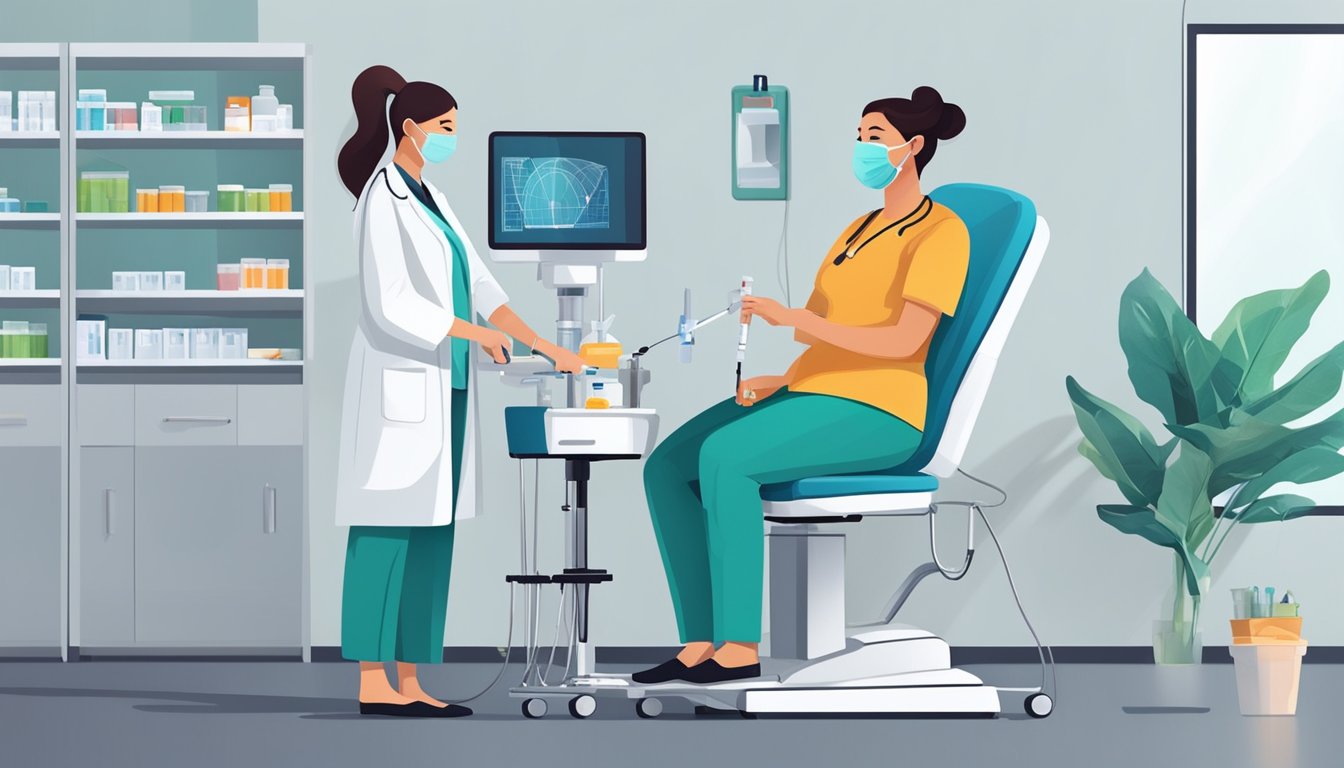 A doctor's office with a nurse preparing a syringe and a patient sitting on a medical chair, ready to receive a weekly weight loss injection in the stomach