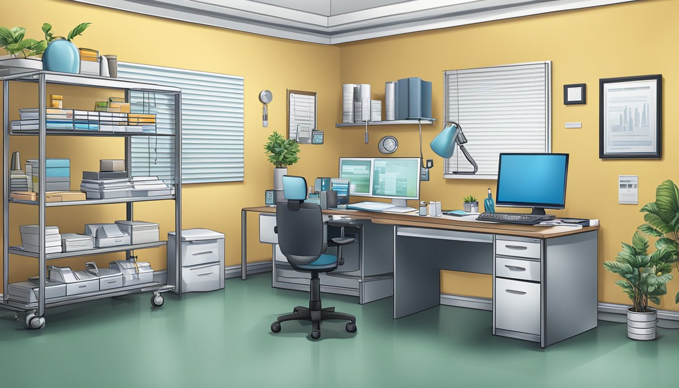 A doctor's office with a desk, computer, and medical supplies