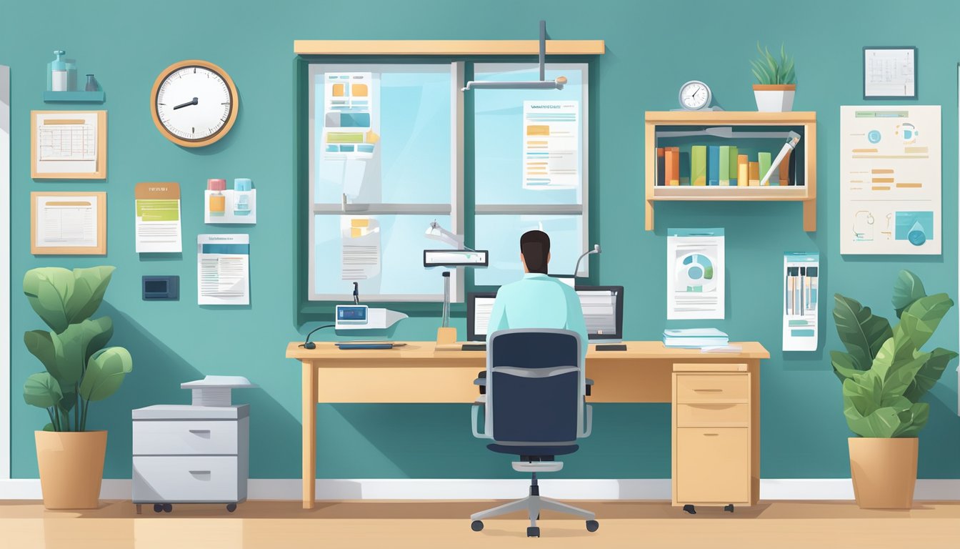 A doctor's office with a desk, computer, and medical supplies. A poster on the wall displays information about weight loss injections