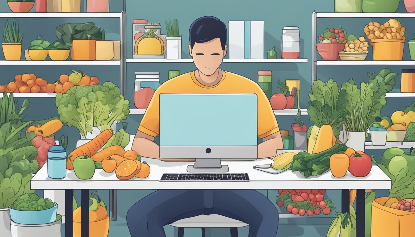 A person browsing a computer, surrounded by healthy food and exercise equipment