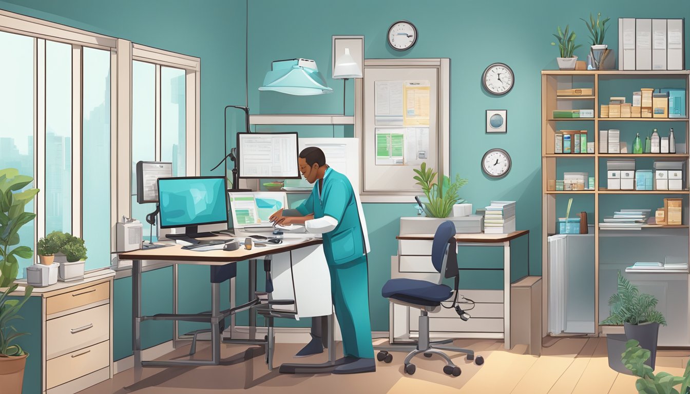 A doctor's office with a desk, computer, and medical supplies. A person receiving a weight loss injection from a healthcare professional