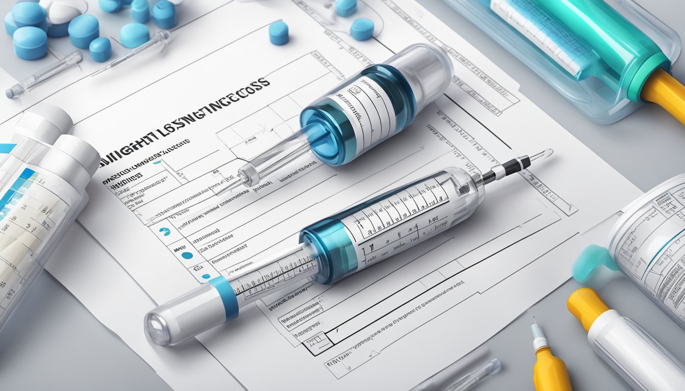 A vial of weight loss injection with a syringe and needle, surrounded by clinical data and safety information documents