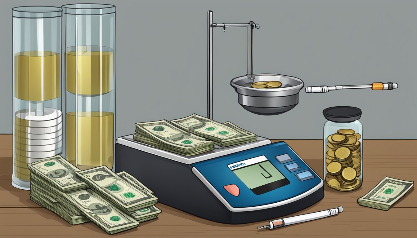 A scale with a stack of money and an insurance card next to a syringe labeled "Ozempic."