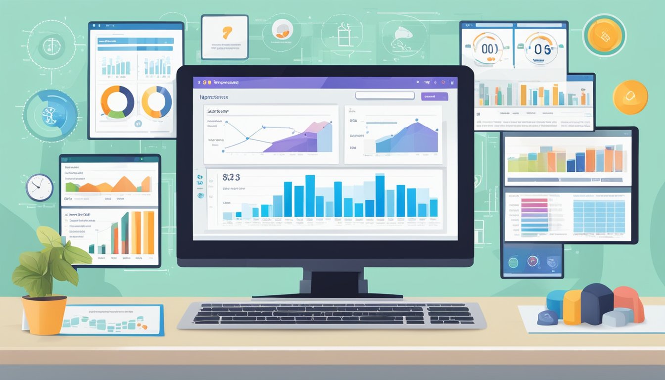 A computer screen displaying a website with options for purchasing weight loss injections, surrounded by charts and graphs related to financial considerations