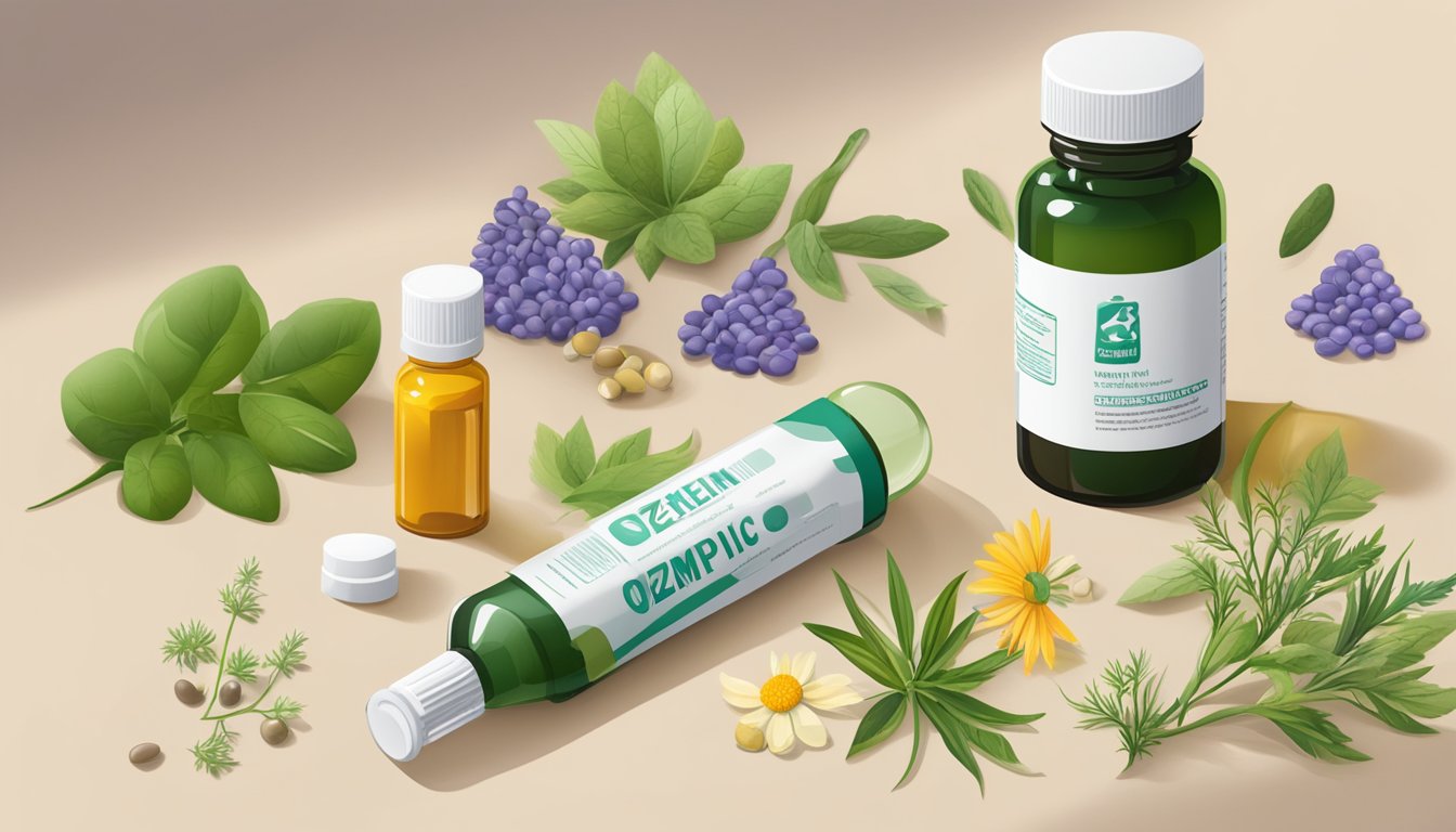 A vial of weight loss injection sits next to a bottle of Ozempic, surrounded by natural herbs and supplements