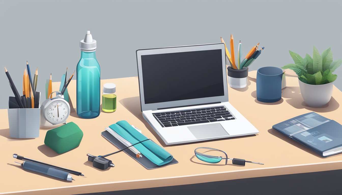 A modern, minimalist desk with a laptop, medical supplies, and a bottle of weight loss injections