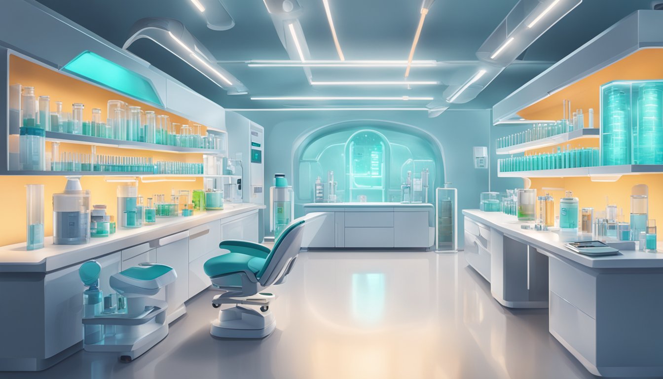 A futuristic medical lab with vials and syringes, a glowing Ozempic logo, and a sleek, modern injection device