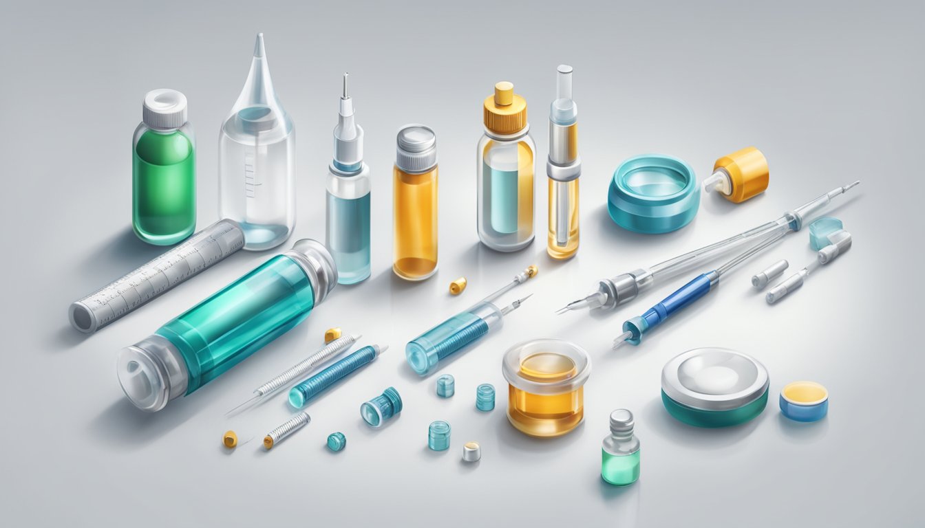 A vial of weight loss injections surrounded by a syringe and medical equipment on a clean, white surface