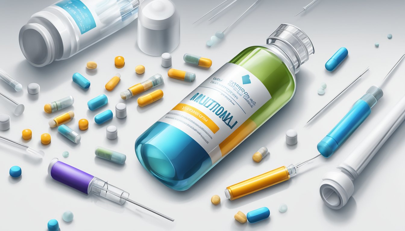 A sterile medical vial filled with liquid nutritional supplements, surrounded by syringes and needles, on a clean, white surface