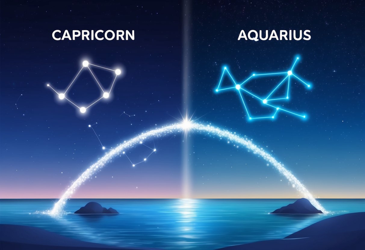 A serene night sky with the Capricorn constellation on one side and the Aquarius constellation on the other, connected by a shimmering celestial bridge