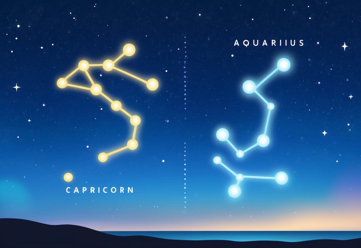 A serene night sky with the constellations of Capricorn and Aquarius shining brightly, symbolizing the compatibility and harmony between the two zodiac signs