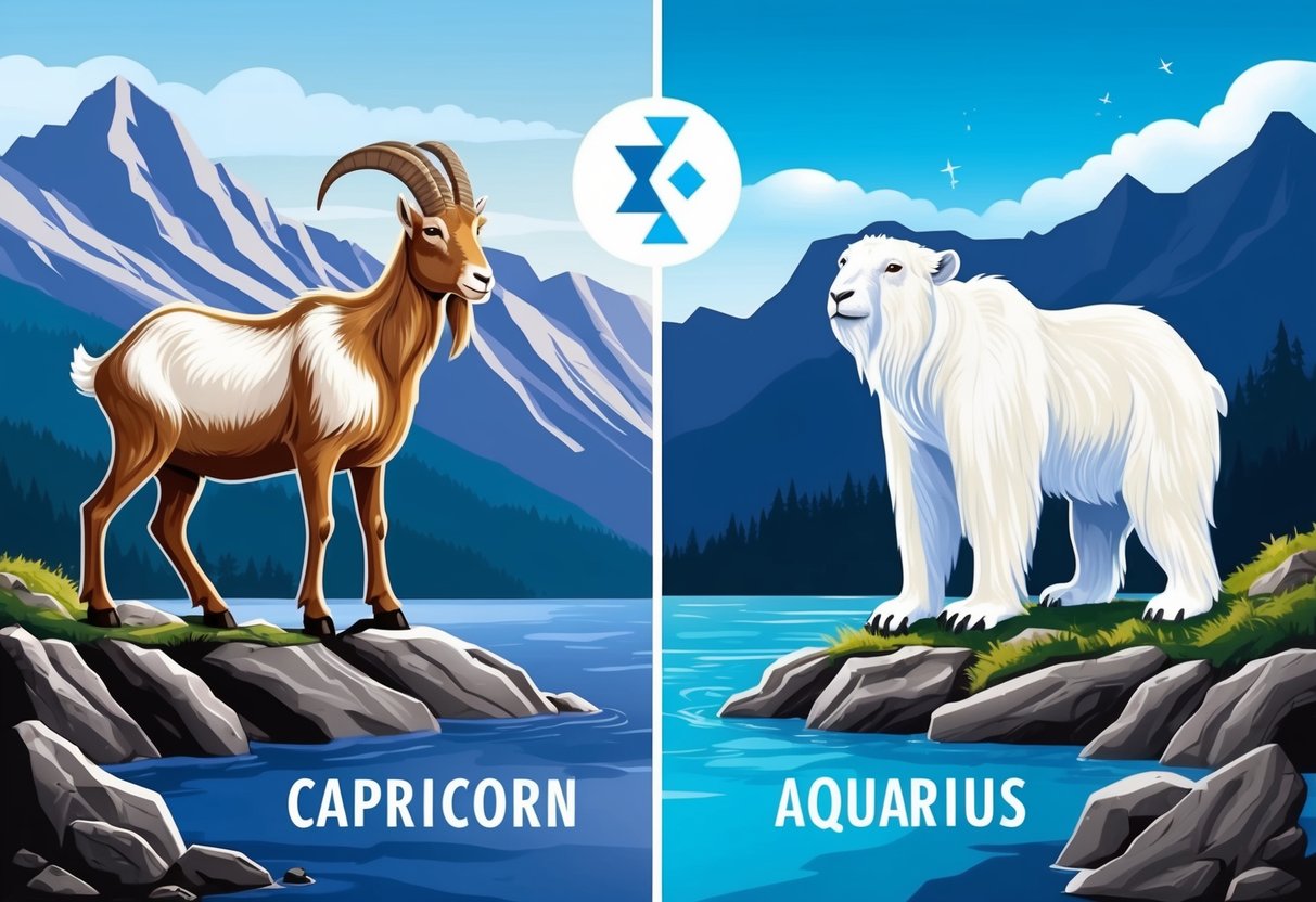 A mountain goat and a water bearer stand on opposite sides of a rocky terrain, their contrasting elements symbolizing the challenge and potential of Capricorn and Aquarius compatibility