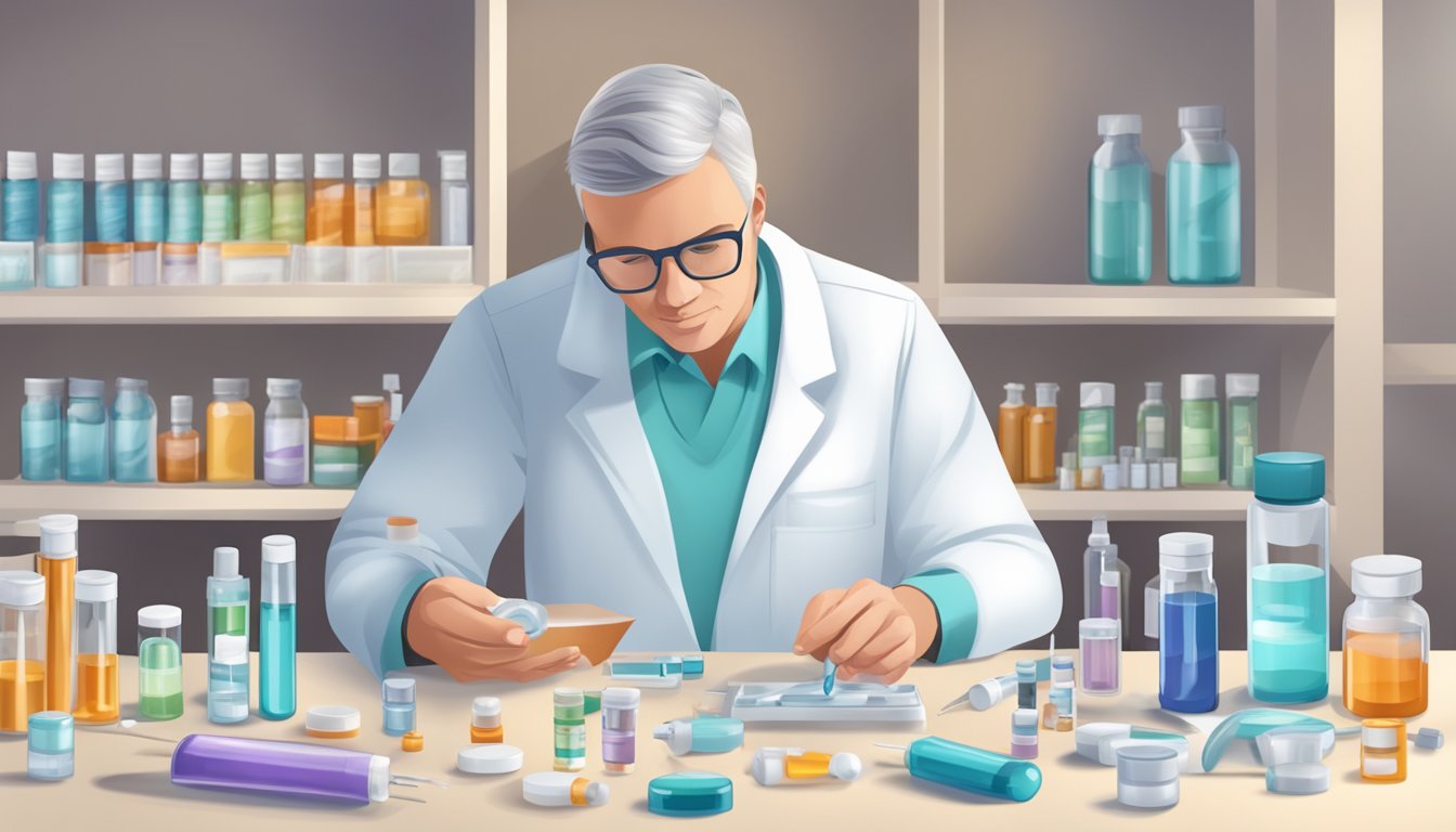 A pharmacist carefully preparing a syringe with a custom blend of weight loss medication, surrounded by vials and medical equipment