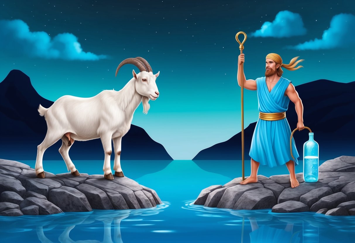 A stoic goat and a free-spirited water bearer stand on opposite sides of a rocky divide, symbolizing the challenges in Capricorn-Aquarius relationships