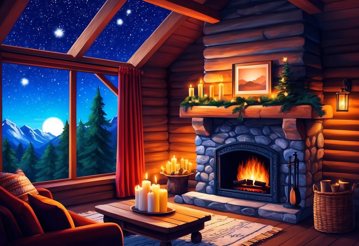 A cozy mountain cabin with a crackling fireplace, soft candlelight, and a starry sky outside