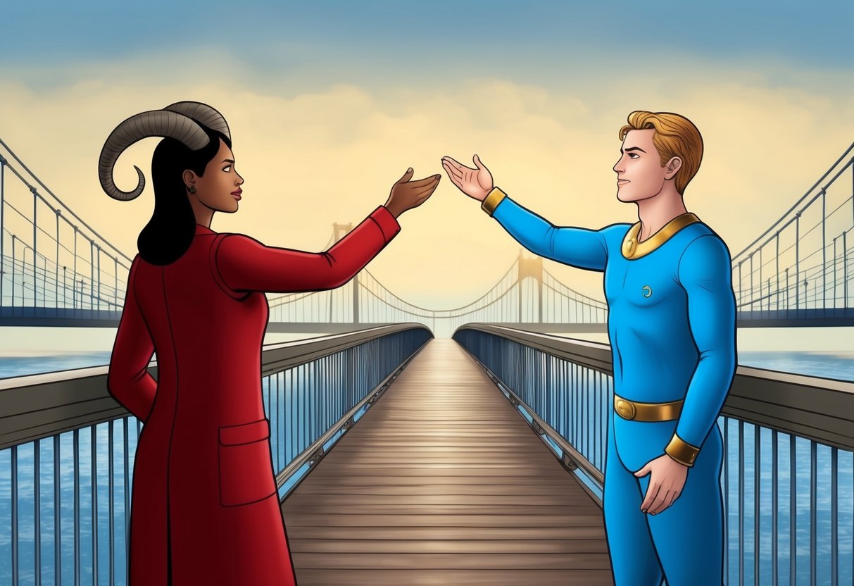 A capricorn and aquarius standing on opposite sides of a bridge, reaching out to each other with determined expressions