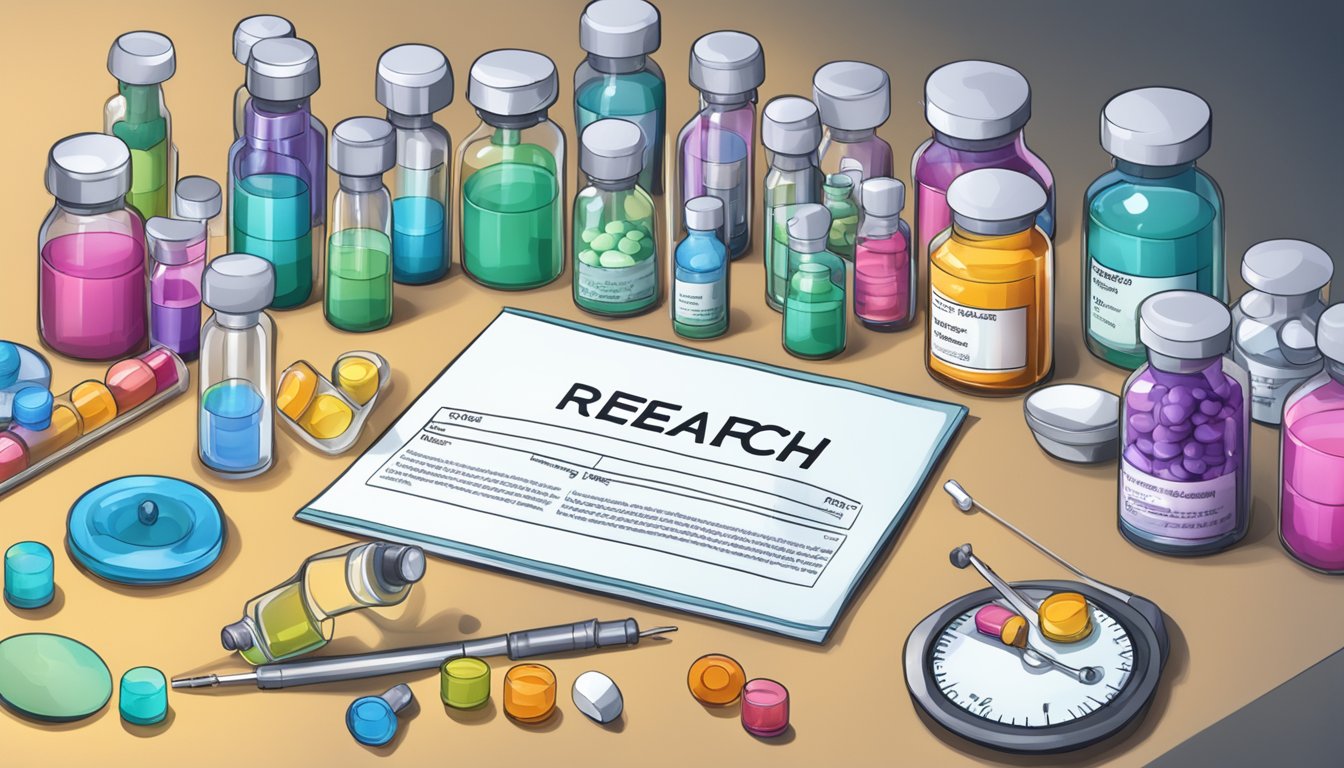 A lab table with vials labeled "Efficacy" and "Research" weight loss injections