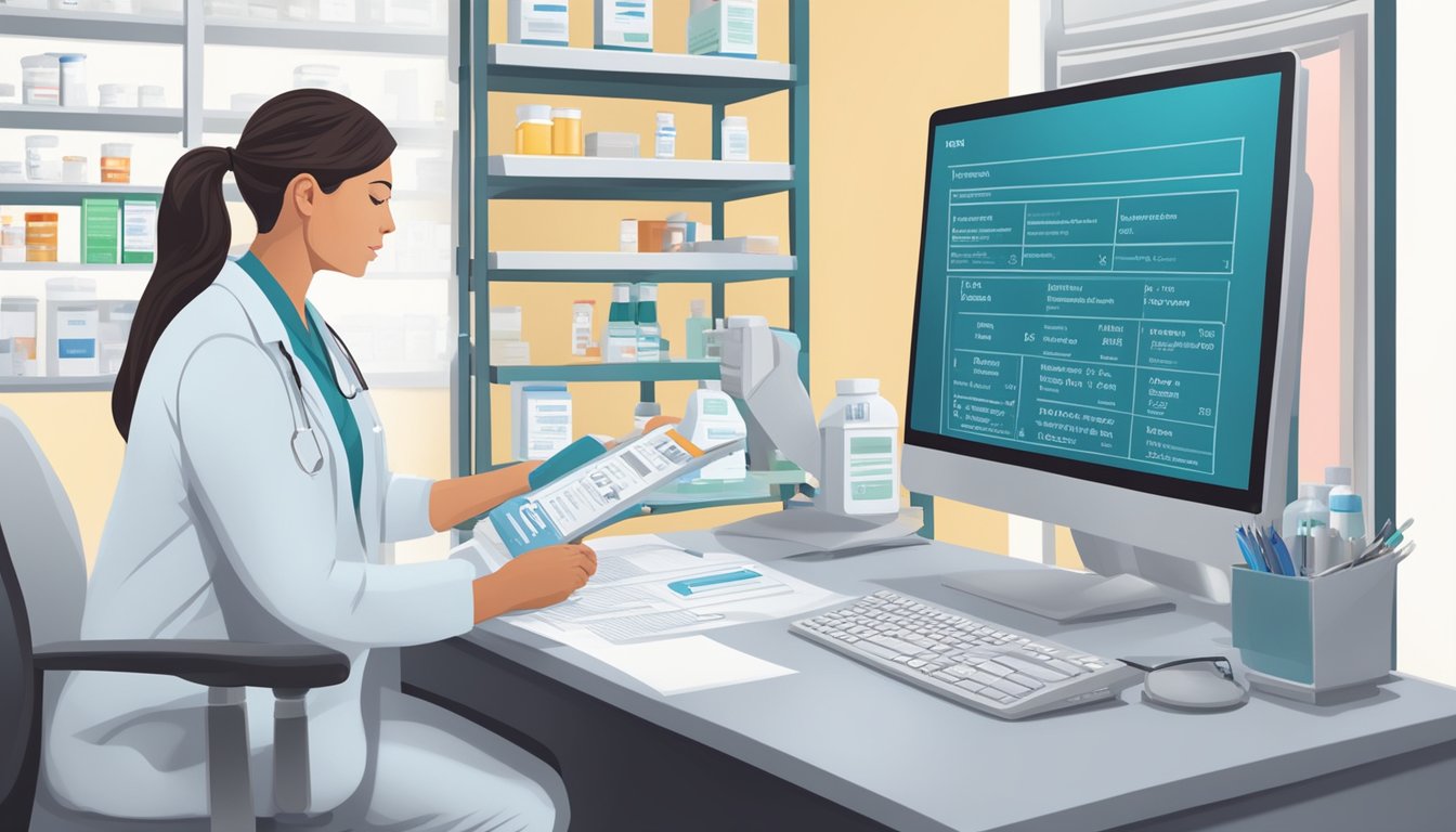 A pharmacist filling a prescription for weight loss injections, with insurance information on the computer screen