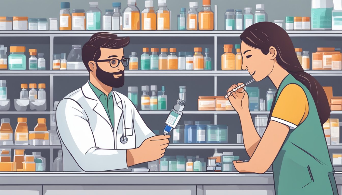 A pharmacist preparing a syringe with a vial of weight loss medication, while a customer discusses insurance coverage at the counter