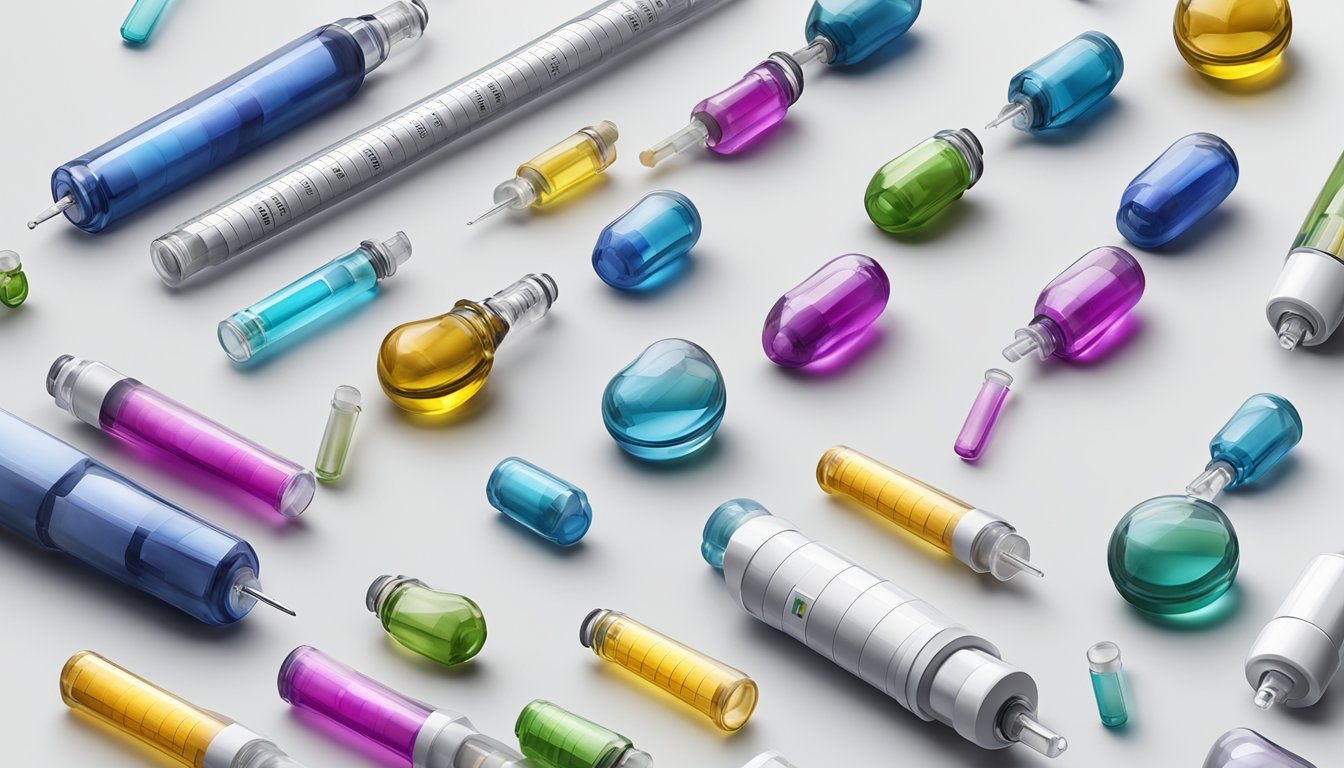 A variety of weight loss injection vials arranged on a clean, white surface with a syringe nearby