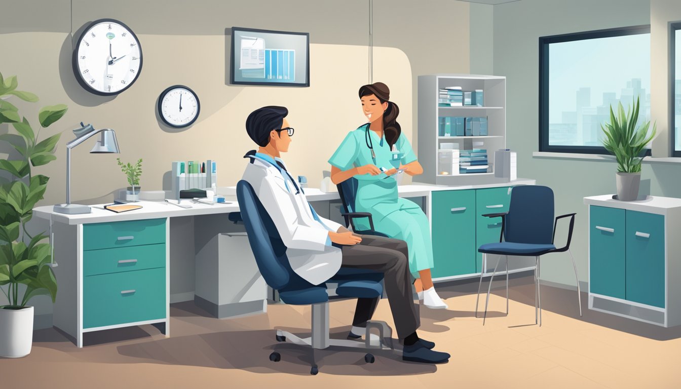 A doctor's office with a nurse preparing a syringe and a patient sitting in a chair