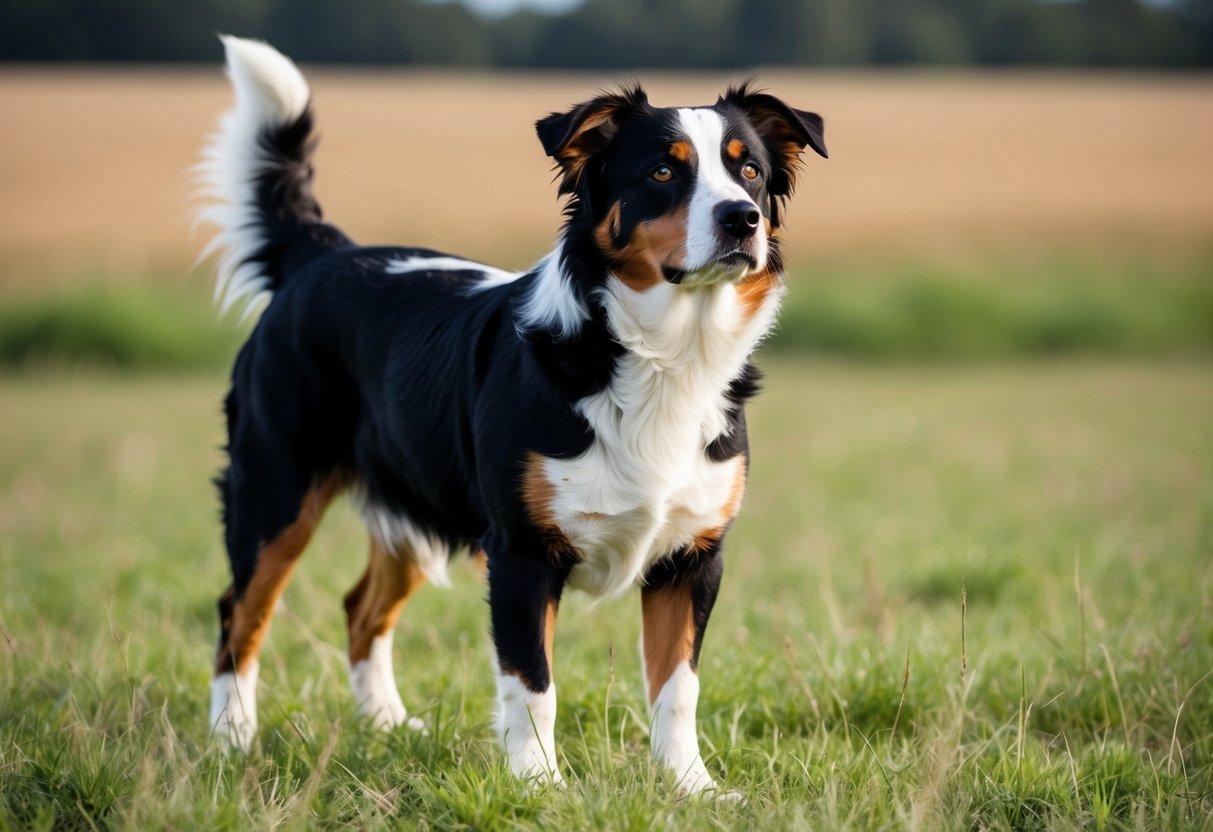 An Australian Cattle Dog stands alert in a grassy field, ears perked and tail raised, gazing into the distance with a focused expression