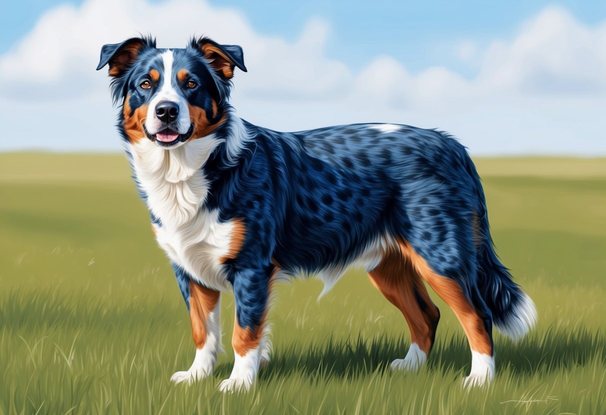 An Australian Cattle Dog standing proudly in a grassy field, alert and attentive with a strong, muscular build and distinctive blue or red speckled coat