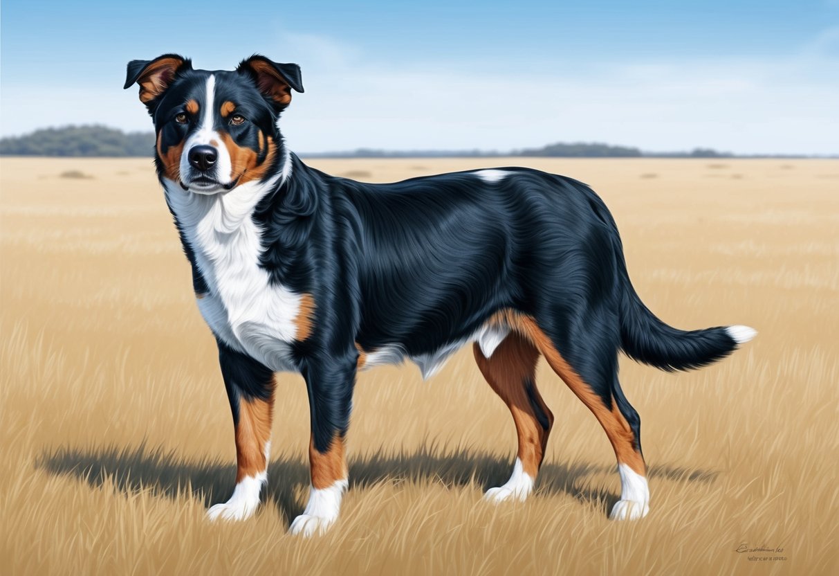 An Australian Cattle Dog stands alert, with a sturdy build, short coat, and distinctive blue or red speckled markings