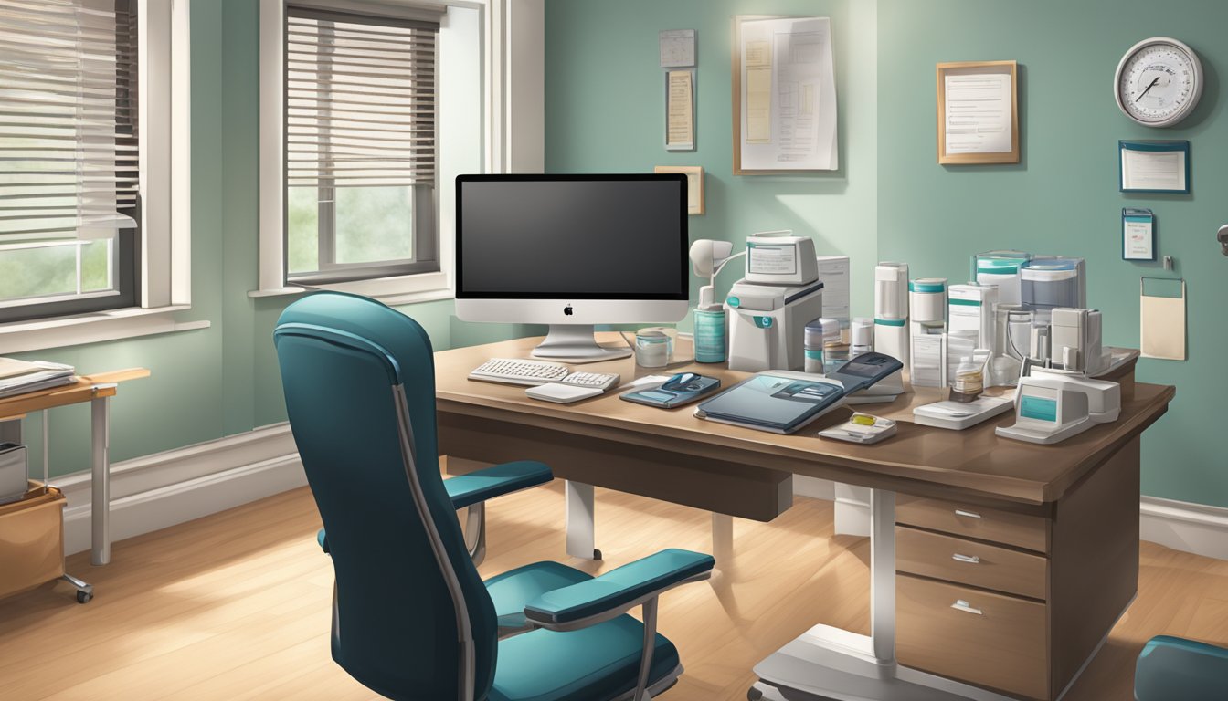 A doctor's office with a desk, chair, and medical supplies. A prescription pad and weight scale are visible