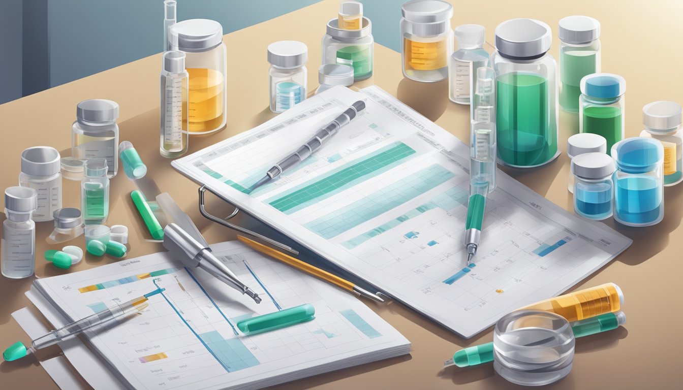 A clinical setting with medical vials, syringes, and a dosage chart on a desk