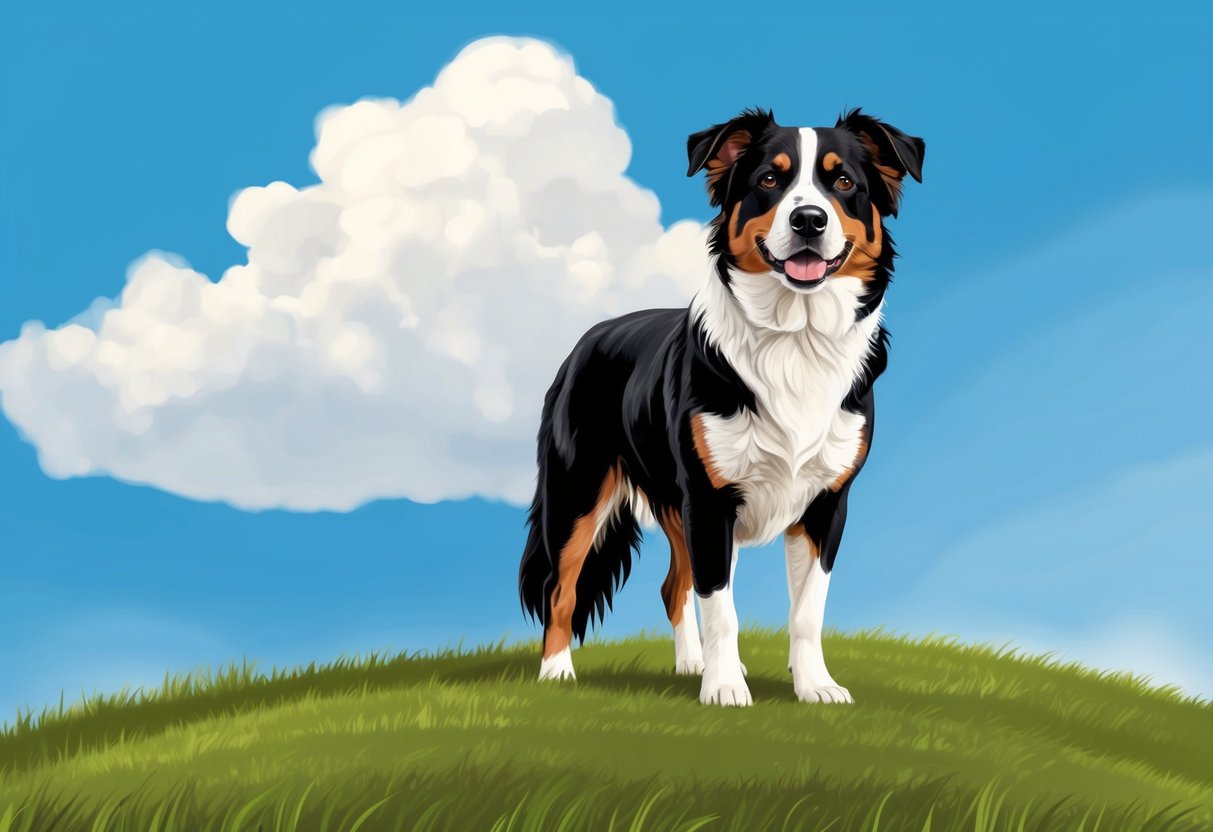 An Australian Cattle Dog standing on a grassy hill, with a bright blue sky and fluffy white clouds in the background