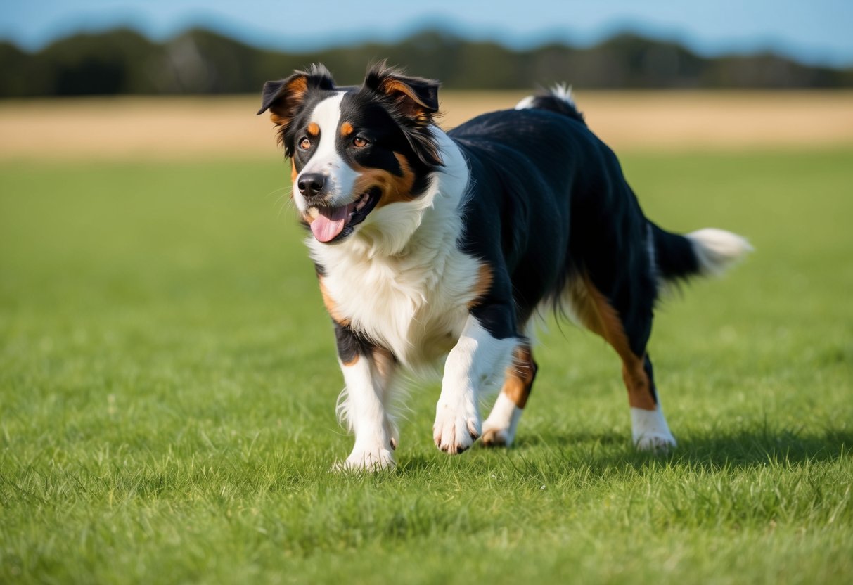 An Australian Cattle Dog eagerly performs obedience exercises in a grassy field, displaying intelligence and focus during training