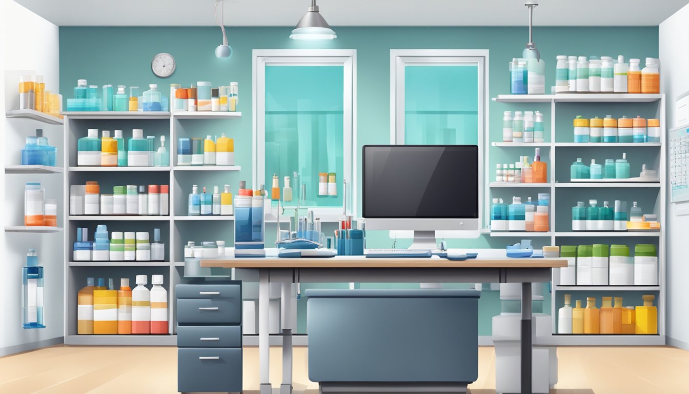 A doctor's office with shelves of medical supplies and a desk with paperwork, a syringe, and vials of weight loss injections