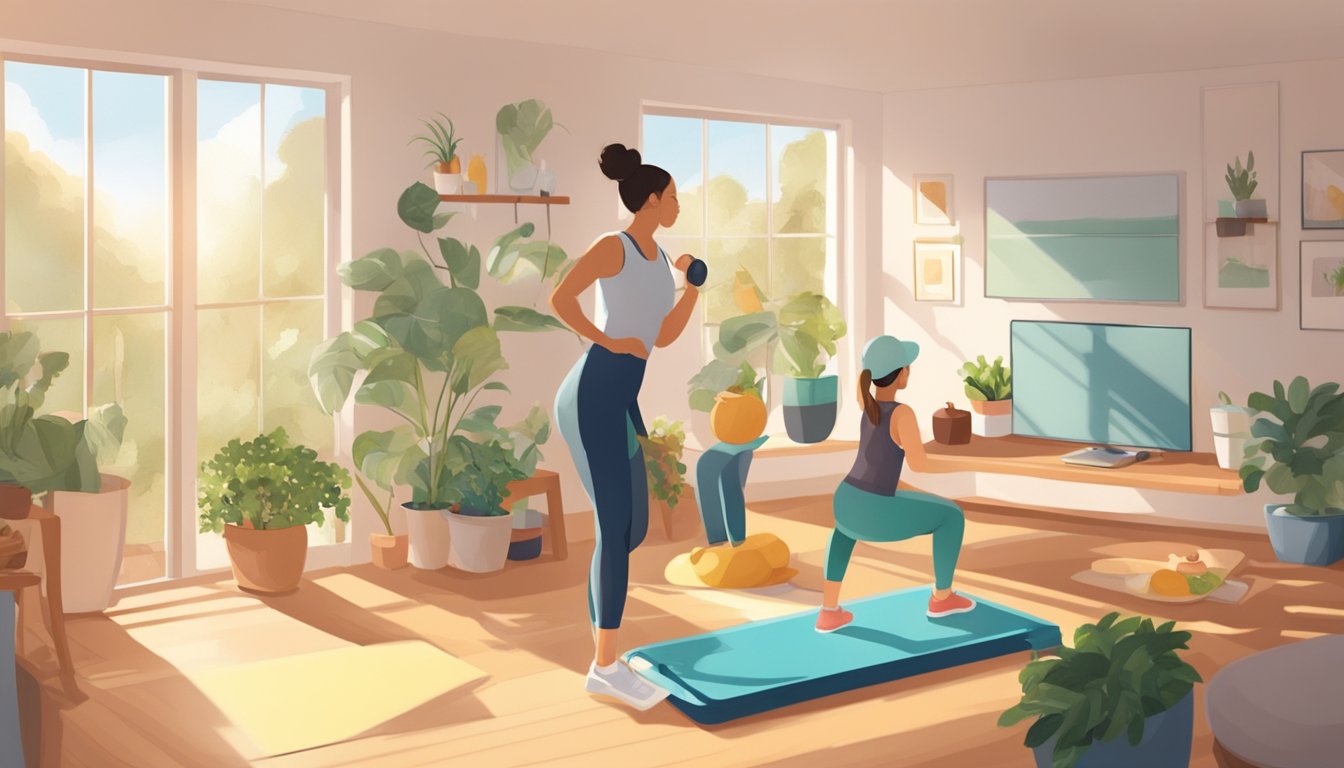 A serene, sunlit room with a scale, healthy food, and exercise equipment, surrounded by supportive friends and family