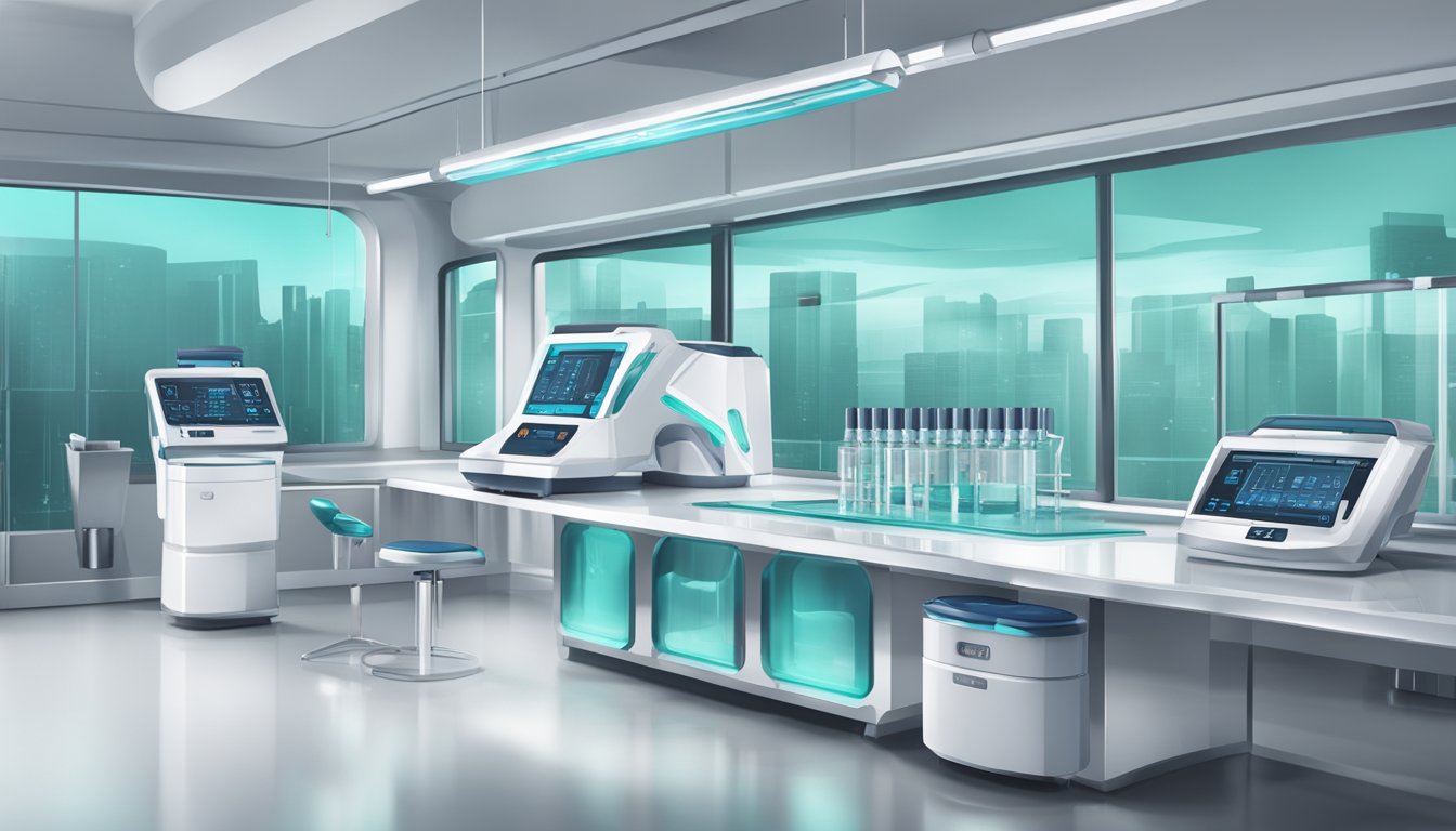 A futuristic medical lab with advanced equipment and vials of cutting-edge weight loss injections on a sleek, sterile countertop