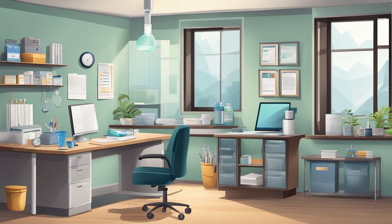 A doctor's office with a desk, computer, and medical supplies. A prescription bottle and syringe are prominently displayed