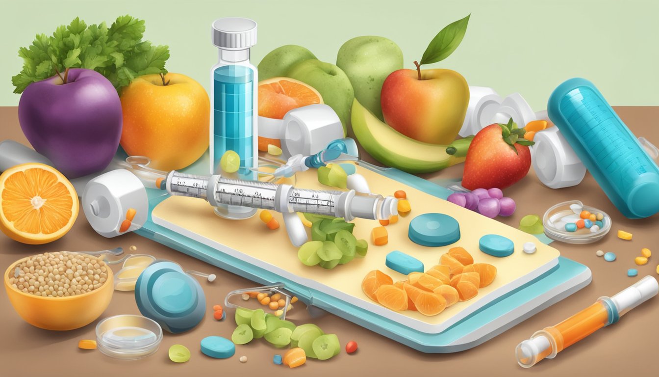 A syringe with weight loss medication, surrounded by healthy foods and exercise equipment