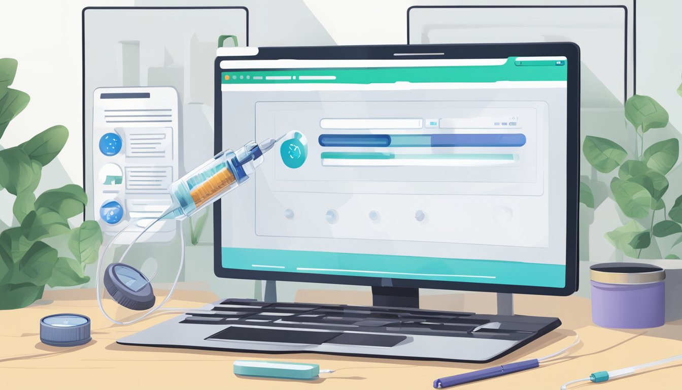 A syringe filled with weight loss medication hovers over a computer screen displaying an online platform for ordering injections