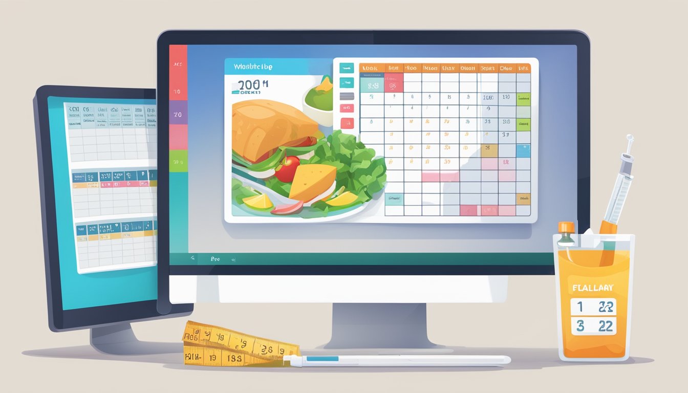 A computer screen displaying a virtual weight loss program, with a syringe and vial of weight loss injection next to a digital calendar and meal plan