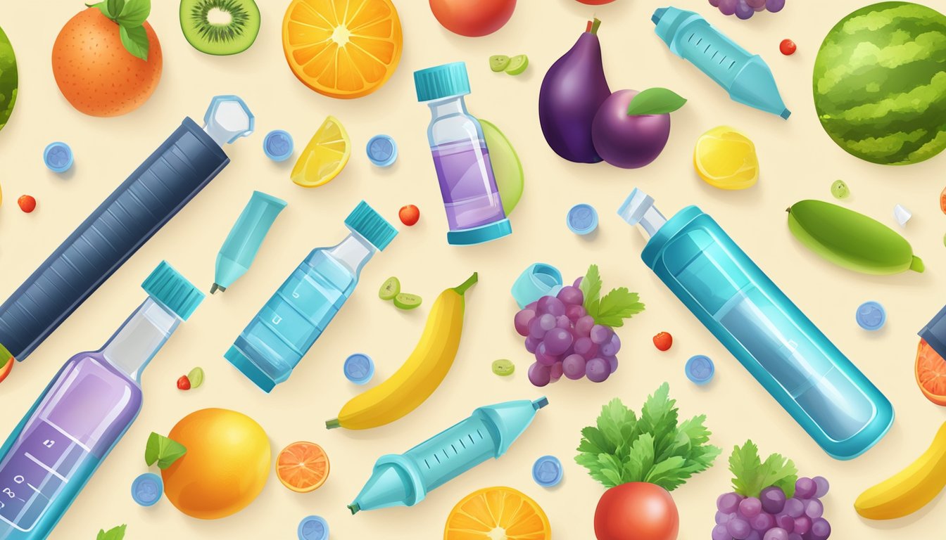 A colorful vial of weight loss injection surrounded by healthy lifestyle elements like fruits, vegetables, and exercise equipment