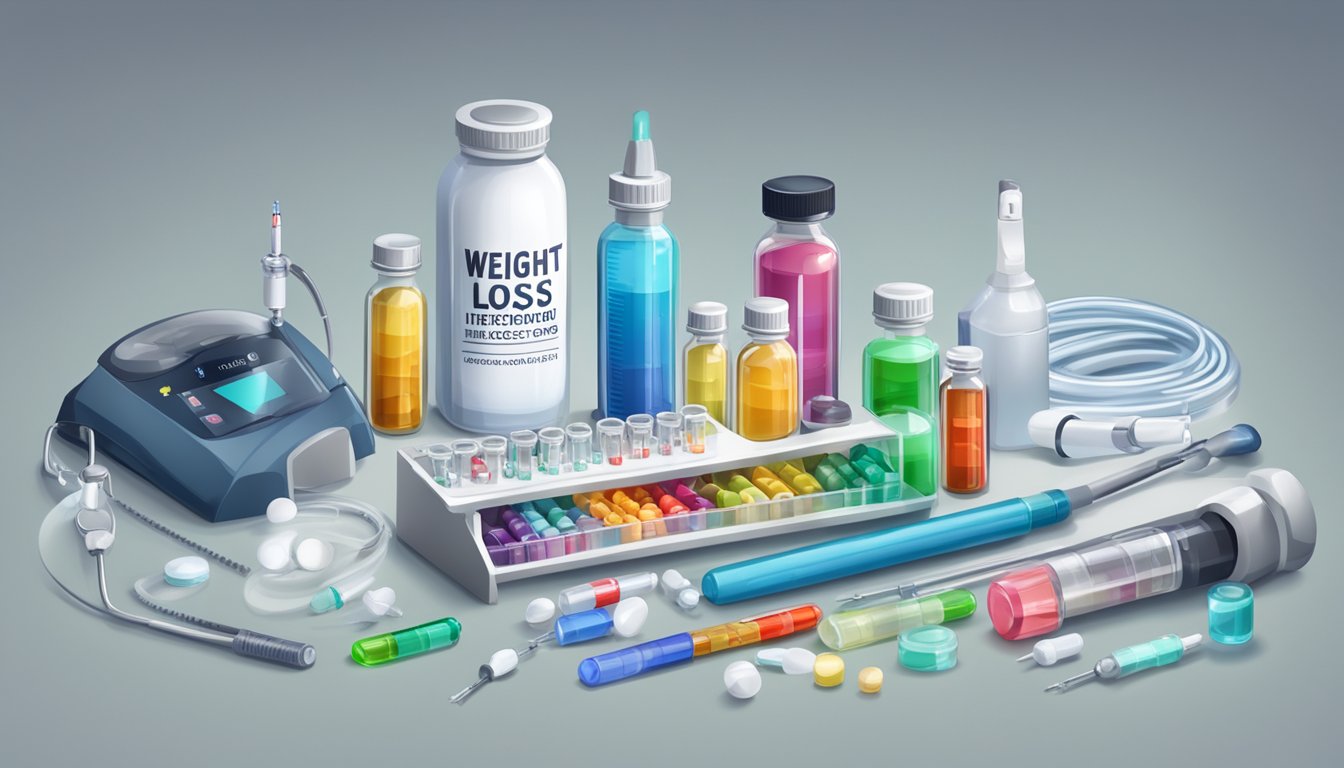 A table with various vials and syringes labeled "Weight Loss Injections" surrounded by medical equipment and a doctor's white coat