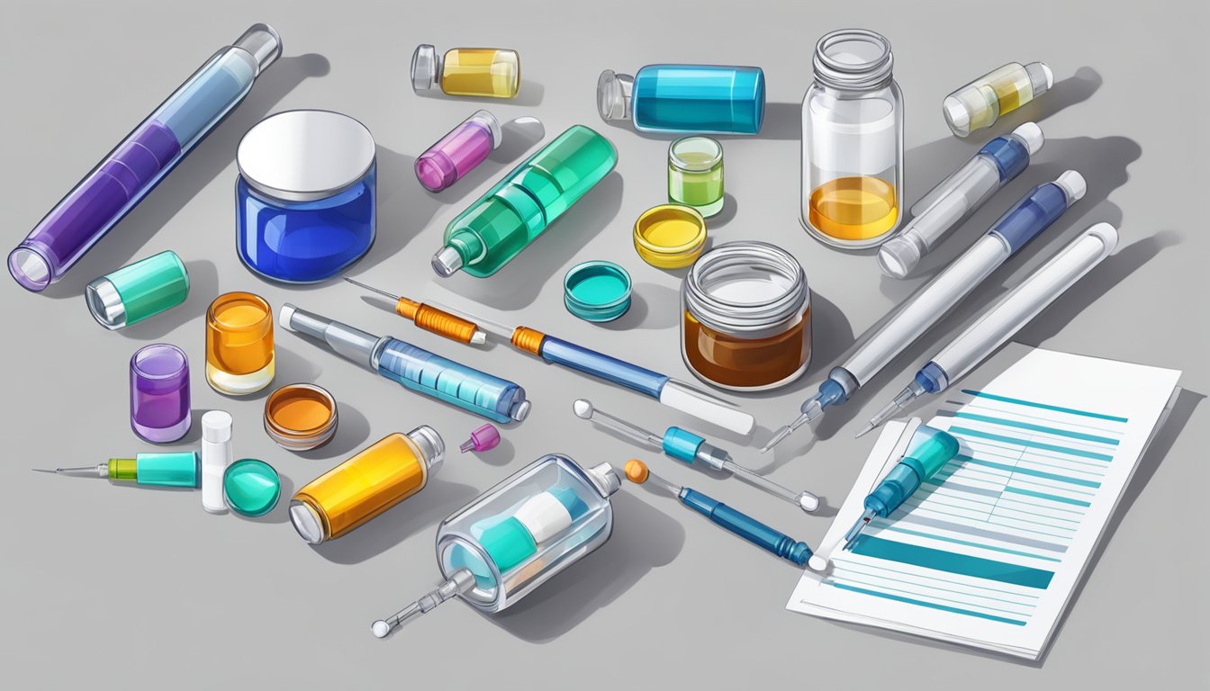 A table with vials, syringes, and paperwork for cost analysis of weight loss injections