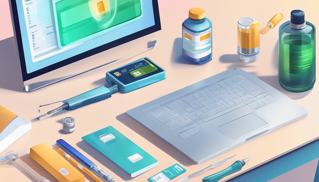 A laptop with a credit card and a syringe next to a bottle of weight loss injections on a clean, modern desk