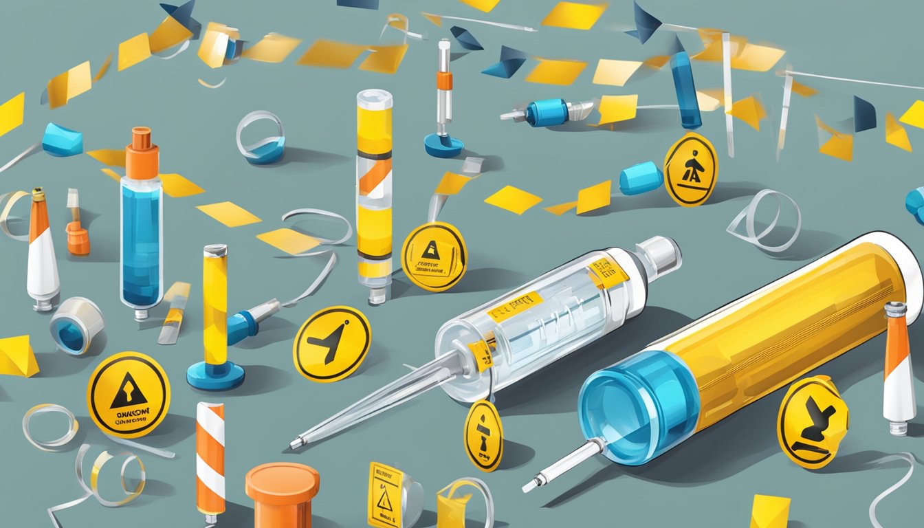 A vial and syringe surrounded by caution tape and warning signs