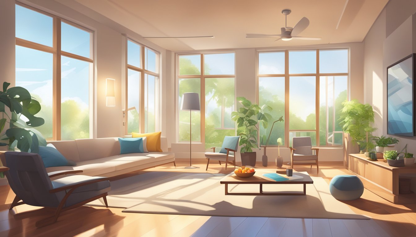 A serene, modern living room with a scale, healthy food, and exercise equipment. Sunlight streams in through large windows, creating a peaceful atmosphere