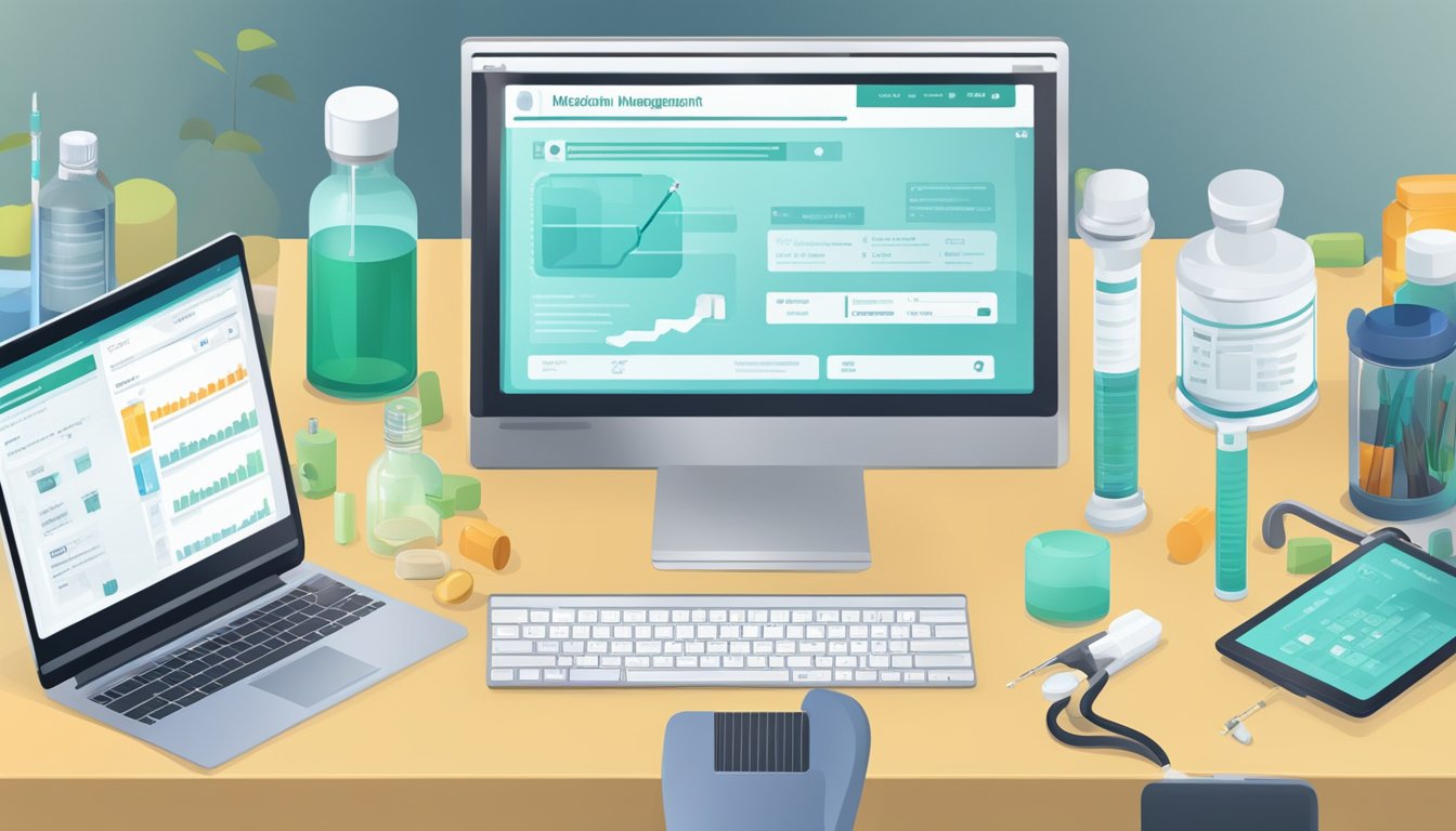 A computer screen displaying an online platform for medication and chronic disease management, with a syringe filled with weight loss injections nearby