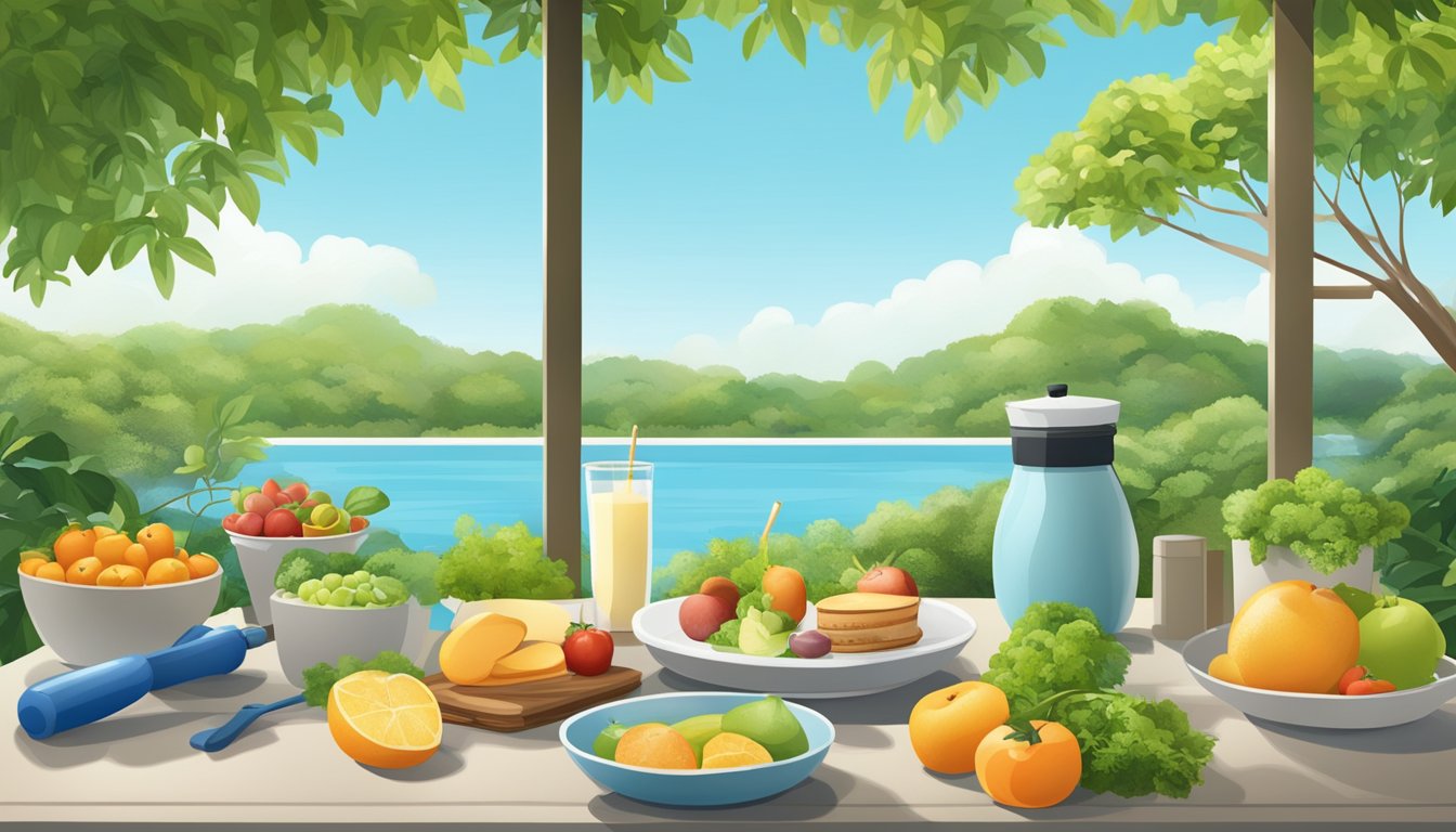 A serene outdoor setting with a table displaying various healthy foods and exercise equipment, surrounded by lush greenery and a clear blue sky