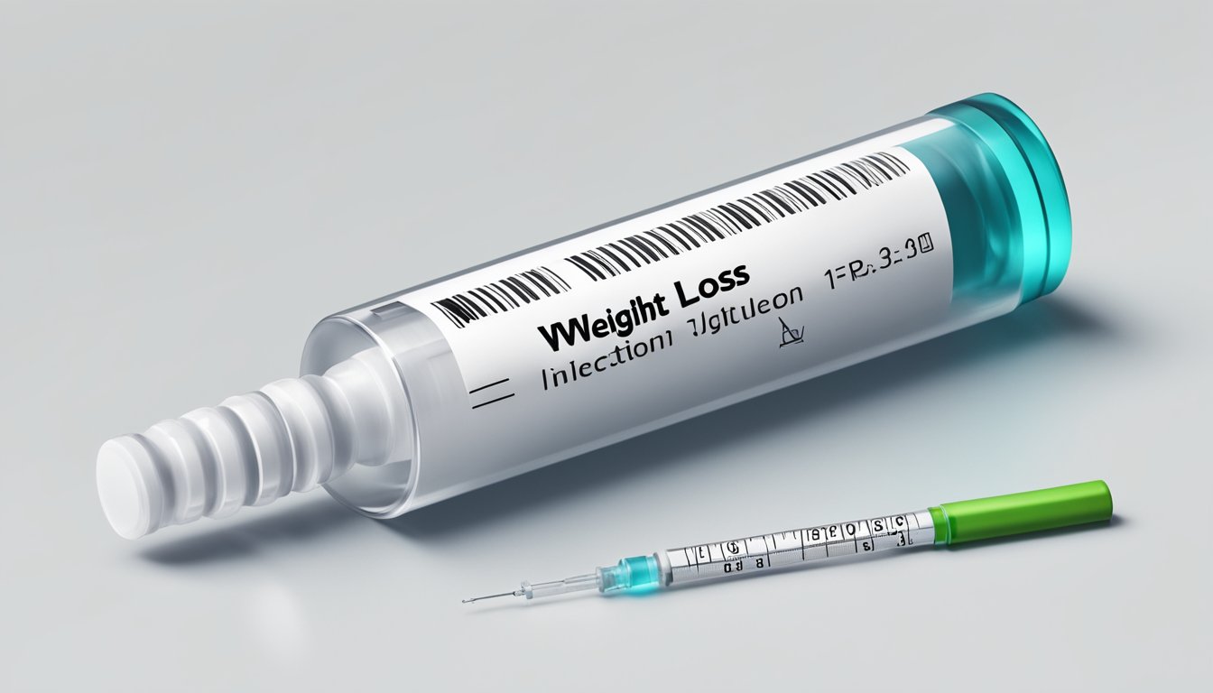 A vial of weight loss injection sits on a clean, white surface, with a syringe nearby. The vial is labeled with the name of the injection