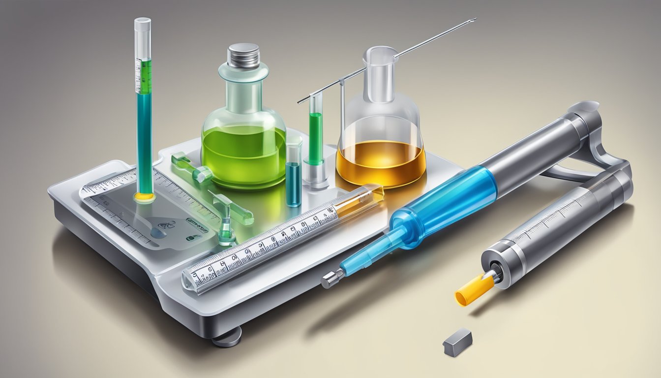 A vial and syringe next to a scale and measuring tape