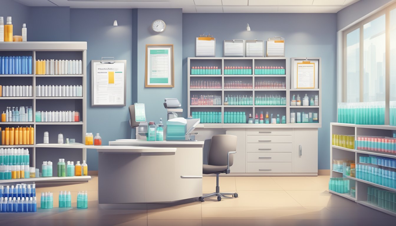 A doctor's office with shelves of medical files and vials of weight loss injections, with a regulatory approval certificate on the wall